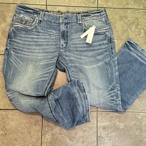 Rock Revival Denim Jeans Men's 44 Antler Boot Cut Distressed Embellishment